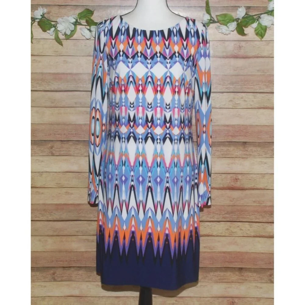 Vince Camuto Long Sleeve Geo Print Shift Dress Size 8 Office Career Bold Color